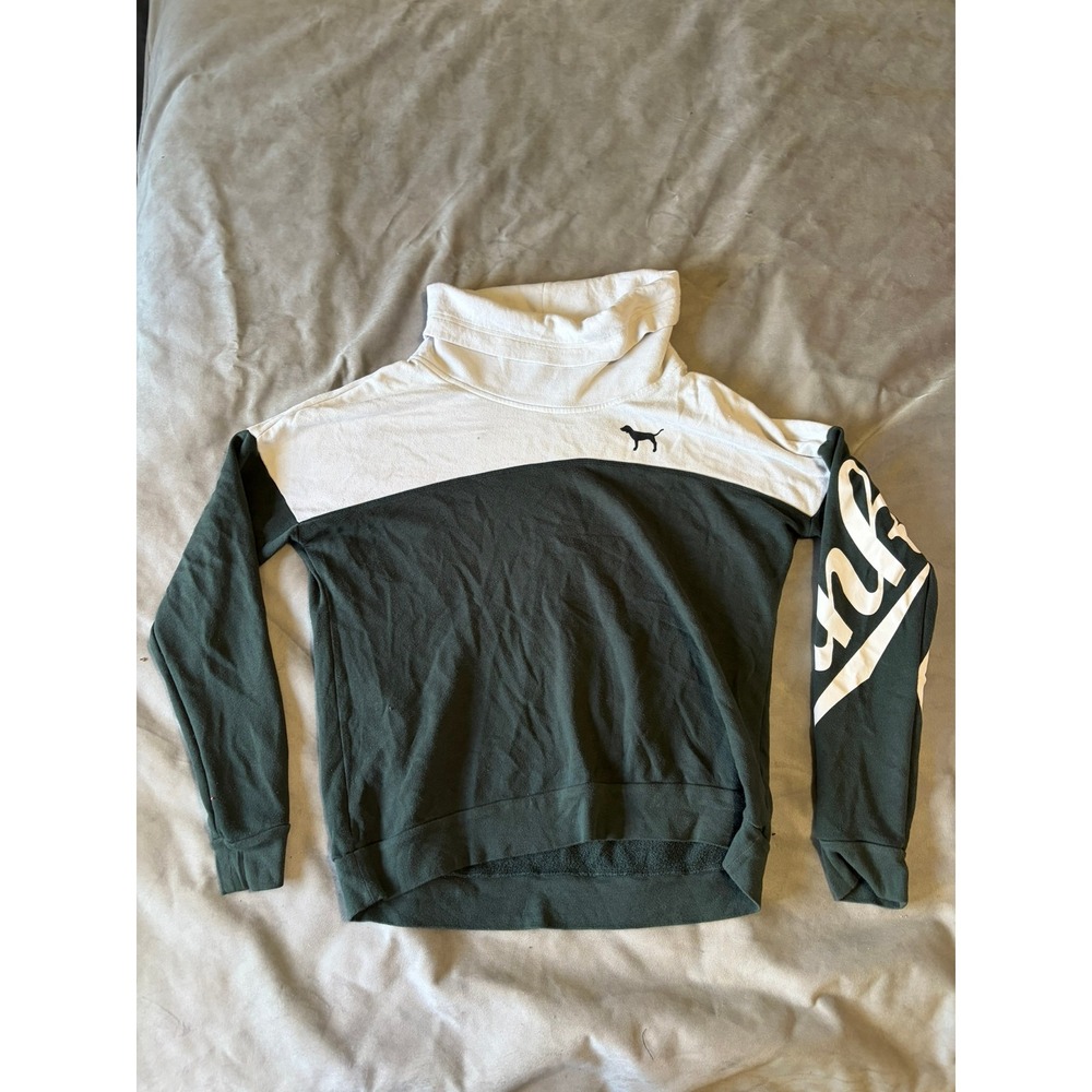 Victorias Secret PINK Funnel Neck Colorblock Sweatshirt Green White Medium